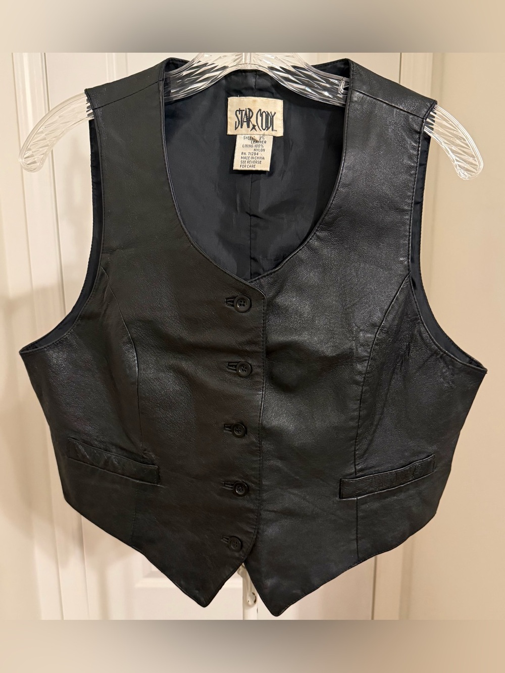 Vintage Star Cody Black Leather Vest Reversible Button Front Size Large